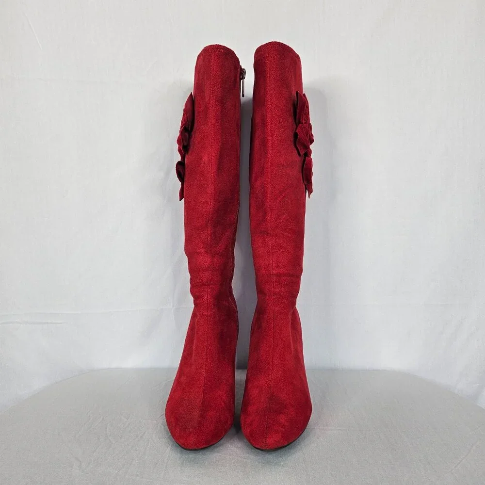 Red Velour Knee-High Women's Boots with Rose/Flower Accents, Size 6M - Picture 5 of 16